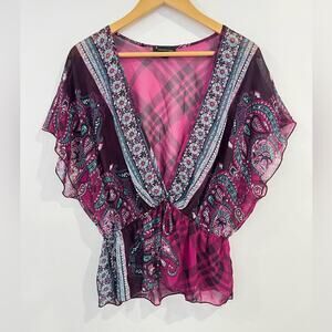 Paisley Sheer Y2K V Neck Blouse Size Large Plaid Boho Festival